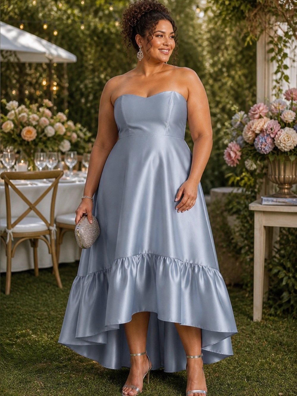 NWT ALFRED SUNG Strapless High-Low Ruffle Satin Gown Size 24